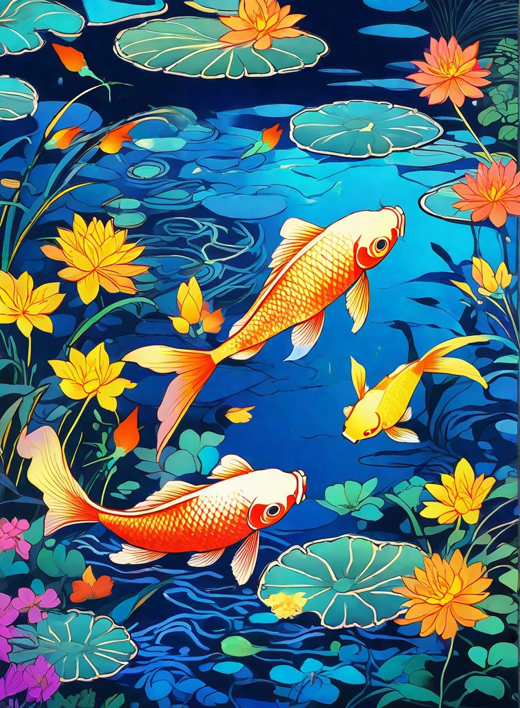 Prompt: iridescent koi, blue neon pond, yellow neon flowers, metaphorical chicken  