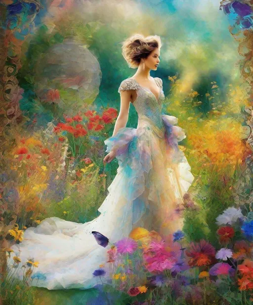 Prompt: photonegative refractograph splashed colorful watercolor borders at the edges of the photo, Allegorical photo of unique person wearing haute couture, dynamic pose in a conversation with the natural surroundings, gossamer thistledown wildflowers inspired garden background ornate extravagance lavish shapes rich colors 