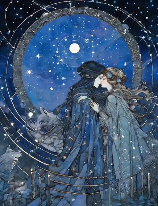 Prompt: the wolf of winter and the patchwork girl, a patchwork girl embracing the wolf, constellations, quiet and sad, Fantasy art by arthur rackham, by virginia frances sterrett, intricate detail, moonlight, color infrared photography, trending on artstation, stars, by gustav klimt, 16k, barbed wire constellations 