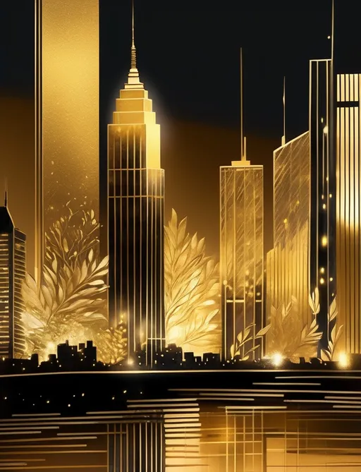 Prompt: an urban nightscape transformed by the glow of city lights and gold leaf reflections. Skyscrapers adorned with gleaming gold accents rise against a dusky sky. The city's bustling energy is softened by the elegant touch of gold leaf, turning the urban landscape into a serenading masterpiece