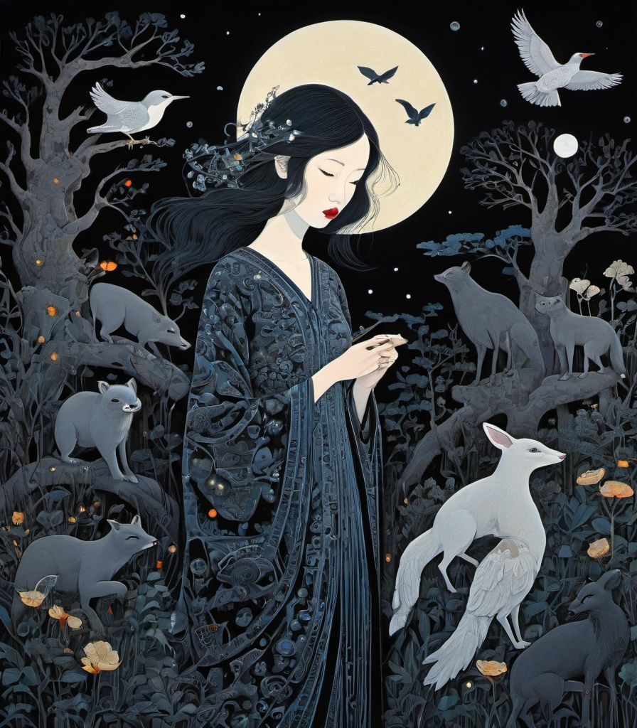 Prompt: She is a night girl with night animals style of Genevieve Godbout, Robert Gillmor, Amy Giacomelli, Wu Guanzhong. Extremely detailed, intricate, beautiful, 3d, high definition 