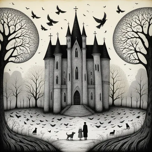 Prompt: Their love is immortal style by Eduard Gorey, Gemma Correl, Don Hertzfeldt. Spot selective coloring, encaustic gothic style, intricate, super detailed.