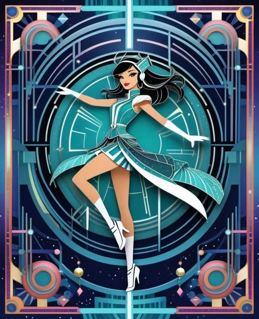 Prompt: Magus style, retro-futurism, pastiche in the style of Brittney Lee and Mary Blair, dynamic pose, patterned scrapbooking paper craft inspired, patterned paper piecing, intricate art deco circuit frame border, cyberpunk palette, sparklecore, glittercore, two legs