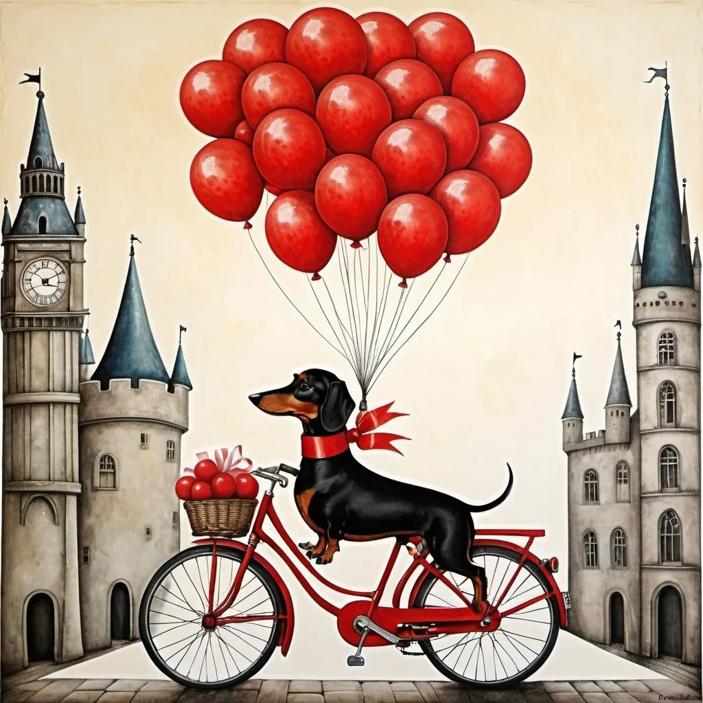 Prompt: style by Graciela Rodo Boulanger, Sam Toft, Sue Reno, catrin Welz-stein, J. E. H. MacDonald, Alasdair Gray, Yvonne Coomber, Sergei Diaghilev, Dan Colen, Jan Brett: A dachshund dog wrapped in red ribbons and being lifted by seven red balloons while a cute princess girl in a bicycle laughs about it, whimsical background, dreamy surreal quality, Encaustic paint, 