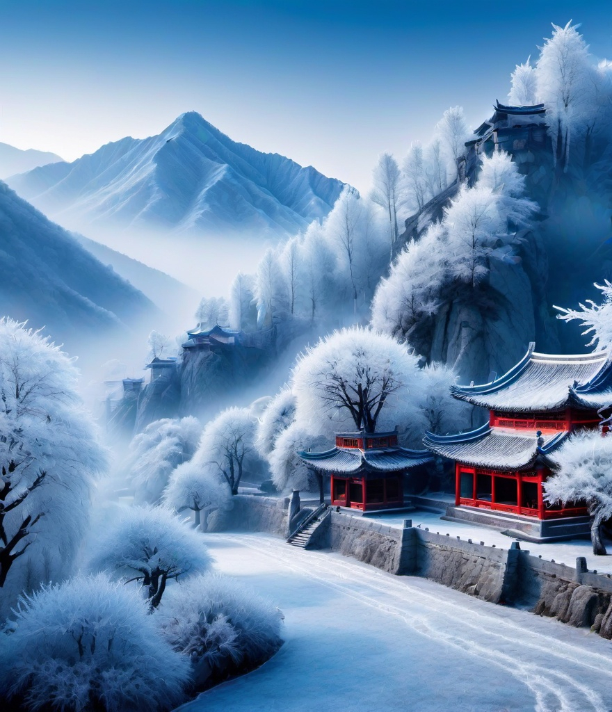 Prompt: surreal, portrayal of beautiful mountain village in a traditional, magical, frost. Trees with veins, forming frost, chinese style