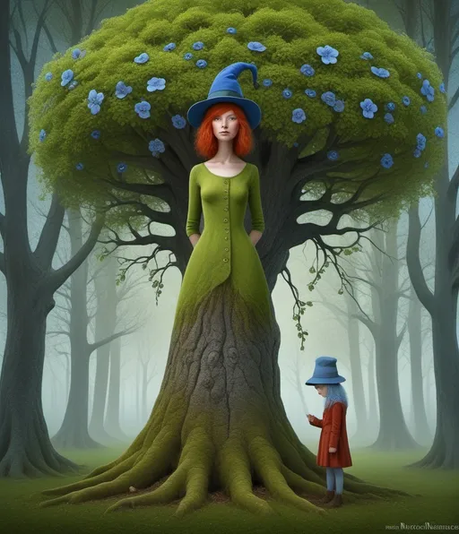Prompt: anthropomorphic tall green tree with blue flowers, good tree with friendly old face and a hat, carrying the lonely pretty brave girl, wild red hair, grey eyes in it branches concept art by igor morski , Millie Marotta, Jackie Morris, Javier Mariscal, Kelly McKernan, whimsical forest, magical night, surreal dreamlike portrait, fantasy, imaginative, beautiful, colorful, extremely detailed, intricate, lovely, award winning fantastic