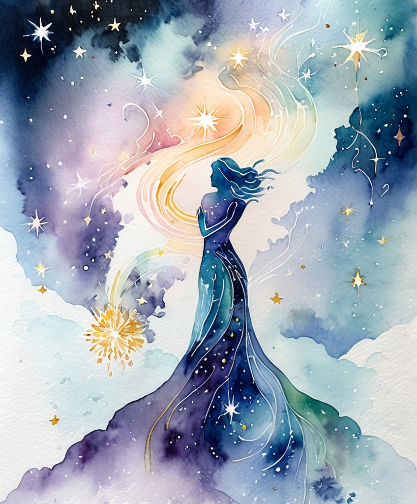 Prompt: Figurative watercolor of a human figure composed of starlight, dreamy and etherial, hopeful and optimistic 