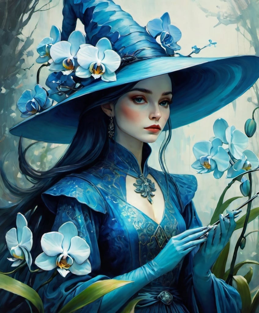 Prompt: A very pretty dreamy orchid witch is so blue, dragons are eating her flowers, style by Bob Peak, Emma Lewis, John Reuss, Justin Gaffrey, John Lowrie Morrison, Patty Maher, van Gogh, Valerie Hegarty, 3d, highest definition, rich colours.  
 Watercolor, trending on artstation, sharp focus, 