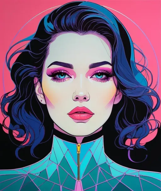 Prompt: gorgeous woman. Inspired by the art of Patrick Nagel and Kaethe Butcher. Colors reminiscent of bioluminescent neon stained glass. 