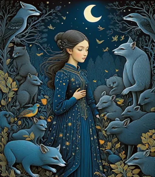 Prompt: She is a night girl with night animals style of Michael Hutter, Genevieve Godbout, Morris Hirshfield, Robert Gillmor, Amy Giacomelli. Extremely detailed, intricate, beautiful, 3d, high definition 