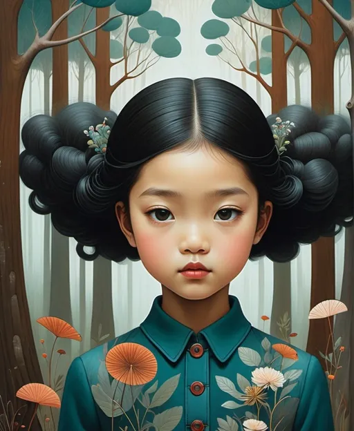 Prompt: The beautiful darling girl with blowing hair illustration art by Liu Ye, Albert Dubout, Amy Earles, Tristan Eaton. Patina painting Whimsical forest background, Extremely detailed, intricate, beautiful. 
