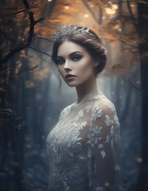 Prompt: A beautiful young lady, beautiful face, in a ghostly Dark forest art by  Rebeca Saray, Yves Saint-Laurent, Paolo Roversi, Thomas Edwin Mostyn, Hiro isono, James Wilson Morrice, Axel Scheffler, Gerhard Richter, pol Ledent, Robert Ryman. Guache Impasto and volumetric lighting. Mixed media, elegant, intricate, beautiful, award winning, fantastic view, 4K 3D, high definition, hdr, focused, iridescent watercolor and ink