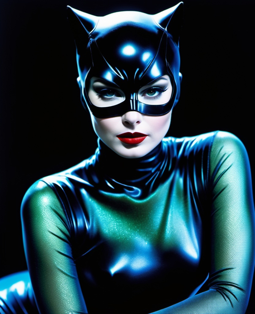 Prompt: Catwoman, Surrealism, wearing her translucent transparent photonegative refractograph costume, photography in the style of Erik Madigan Heck