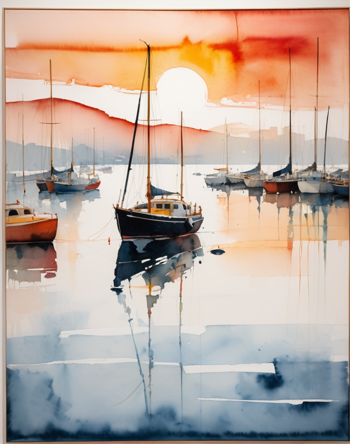 Prompt: hyperrealism sumi-e in the style of helen frankenthaler and nicolas de stael, sailboat in a harbor with boats at sunrise 