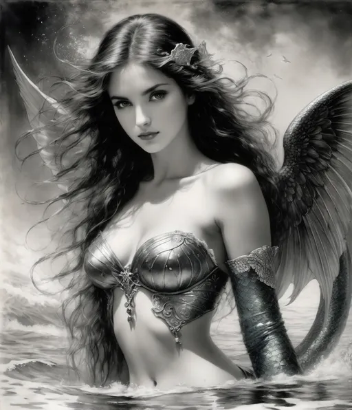 Prompt: a ferrotype beautiful angel with a mermaid tail, by Luis Royo 