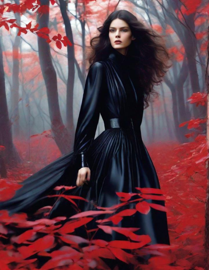 Prompt: A beautiful young lady, beautiful face, wearing opalescent black dress in a ghostly forest of white stem trees with red leaves, god rays through the tees, rim lighting, art by Mariano Vivanco,  Yves Saint-Laurent, Paolo Roversi, Thomas Edwin Mostyn, Hiro isono, James Wilson Morrice, Axel Scheffler, Gerhard Richter, pol Ledent, Robert Ryman. Guache Impasto and volumetric lighting. 3/4 portrait, Mixed media, elegant, intricate, beautiful, award winning, fantastic view, 4K 3D, high definition, hdr, focused, iridescent watercolor and ink