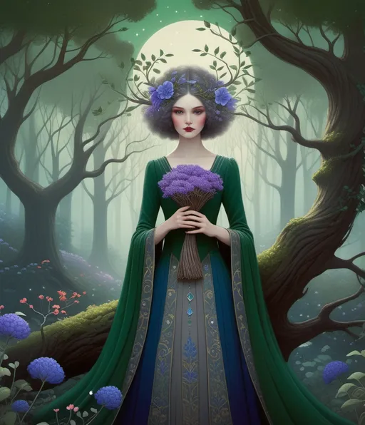 Prompt: anthropomorphic green tree girl, with blue and purple flowers, wild red branches hair, grey eyes concept art by Ida Rentoul Outhwaite , tom bagshaw, Millie Marotta, Jackie Morris, Javier Mariscal, Jane Newland, whimsical forest background , magical night, surreal dreamlike portrait, fantasy, imaginative, beautiful, colorful, extremely detailed, intricate, lovely, award winning fantastic