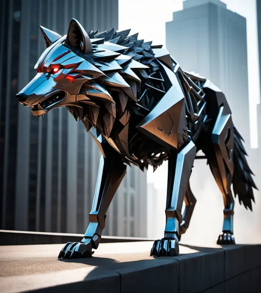 Prompt: Picture a dystopian cityscape at dawn, the sky a palette red heliocentric and muted blues. Amid the sprawling concrete and steel, a creature emerges, embodying the pinnacle of predatory evolution. This is the futuristic wolf, a blend of the organic ferocity of its ancestors and the cold precision of modern technology. Its fur is a shimmering tapestry of silver, each strand interwoven with delicate fibers of neon that pulse with the rhythm of an artificial heartbeat. The wolf’s eyes are a piercing crimson, bioluminescent and unforgiving, mirroring a soul that has been honed into an instrument of survival and dominance. As it stands atop the remnants of a crumbled skyscraper, its muscular form is outlined by the first light of day. The wolf's body is augmented with sleek metal, enhancing its natural capabilities to near-mythical levels. Its jaws, partly mechanical, open to reveal an array of teeth crafted from a substance far more durable than any mineral found on Earth. The remnants of the city tell a story of the wolf’s passage - structures torn asunder, vehicles overturned, the remnants of technology no match for this apex predator's might. From its snout, a steam-like mist escapes, a byproduct of its internal cooling system, and its tail sways with a life of its own, tipped with blades that could slice through the city's skeleton as easily as air. This wolf is not merely an animal; it is a statement, a symbol of nature and machine fused into a singular, terrifying force. Its growl rumbles through the silent city, a warning to any who might still hide within the shadows of the fallen world. This is not just a beast; it is the future incarnate, bloodthirsty and unstoppable --stylize 