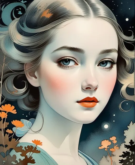 Prompt: The beautiful darling young lady with blowing hair art by Gustaf Tenggren, Winifred Nicholson, Giuseppe Cristiano, Molly Harrison. Gritty patina texture, gradient luminous inking colors, Dreamy atmosphere, twilight sky, Whimsical forest background, Extremely detailed, intricate, beautiful. 
