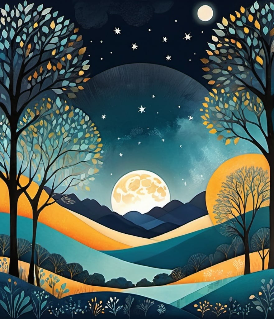 Prompt: illustration of the moon rising while the sun goes down, in the style of sophie wilkins, light teal and light navy, multicolored abstract bucolic landscapes, golden age illustrations, gentle lyricism, romantic illustrations, laurel burch 