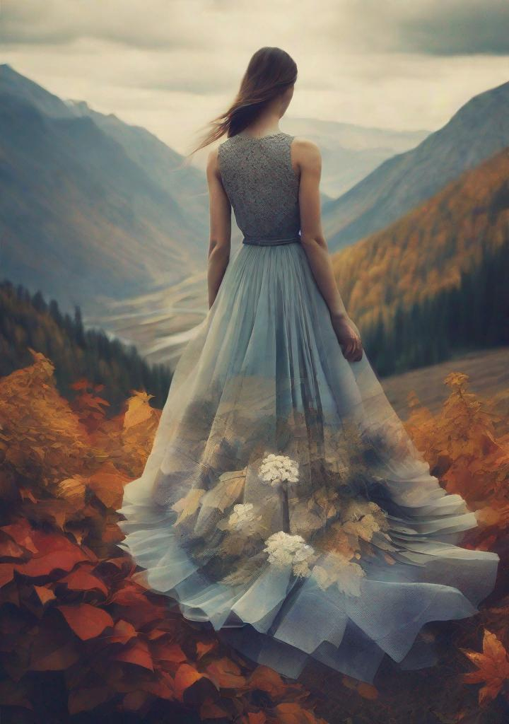 Prompt: Single image, double body exposure: The Very Beautiful dreamy lady, with beautiful face, her body is an eerie landscape, a mountain with autumn flowers art by Anka Zhuravleva, Antonio mora, Sandy Welch, Jane Small, Aliza Razell, Eduard Veith, Joel Robison, Mikhail Vrubel, Ferdinand Hodler, Christoffer Relander, William Timlin, Charles Rennie Mackintosh, John Lowrie Morrison, Sidney Nolan. 3d, Volumetric lighting, mixed media, Best quality, crisp quality, optical illusion.