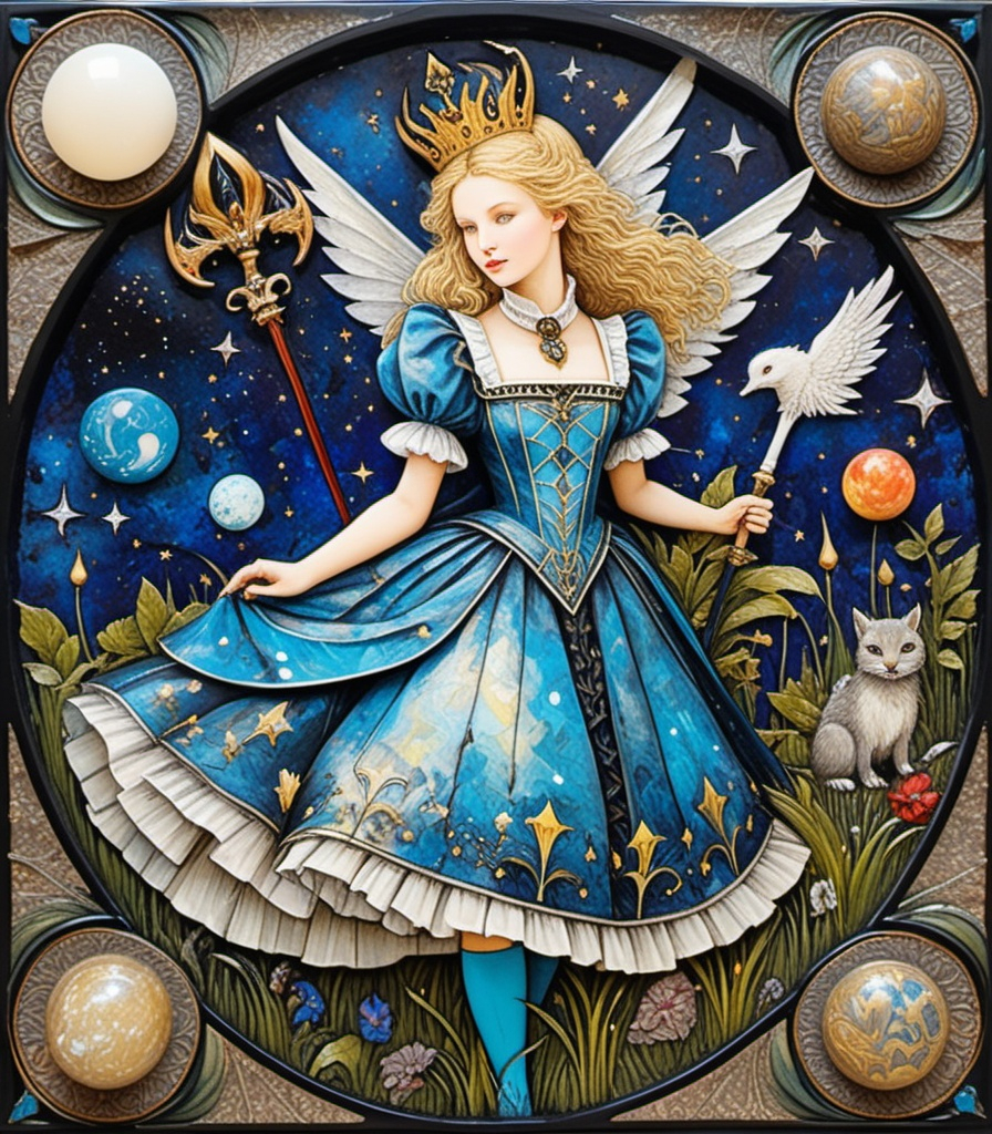 Prompt: Whimsical alice in wonderland, decoupage, encaustic painting, impasto , craquelure, egg tempera effect, plethora of pokemons lanquerware with mother of pearl inlay, vampiress godess, spread dark dragon wings, in the asterism sky, medieval armor with geoglyph engraves, in action, with a heliocentric kinetic glowing spear, comics cover by barry windsor-smith, faerietale couture, dark fantasy