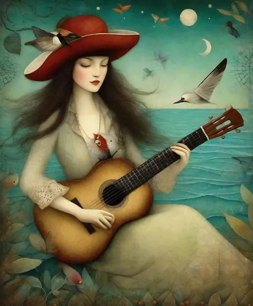 Prompt: Style by Gabriel Pacheco, Catrin Welz-Stein, Dee Nickerson, Kathleen Lolley, Tara McPherson, The wandering old mythical pirate wizard plays a whimsical tune on his guitar, by the sea moonlight, the animals listen, whimsical, Vivid colors, beautiful, dreamy. 