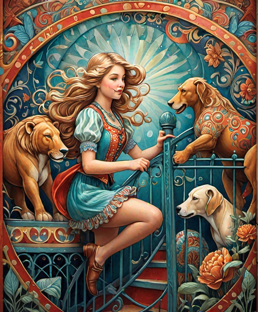 Prompt: The beautiful girl with blowing hair climbing gate to the circus with giant animals Illustration art by Emily Balivet, Helene Beland, Jody Bergsma, Amy Brown. folk art-inspired illustrations, bold patterned quilts, pastel colours, bloomcore, mixes painting and ceramics, precise, detailed architecture paintings, cute and dreamy. Extremely detailed, intricate, beautiful. 
