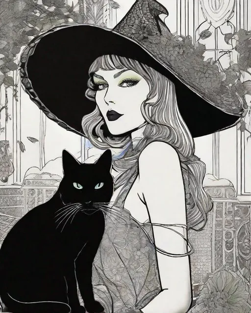 Prompt: A mesmerizing witch with pretty face and beautiful green eyes and her black cat art by Leon Bakst, Deborah Azzopardi, Marc Allante, Axel Scheffler, Charles Robinson, pol Ledent, endre penovac, Gustave Loiseau. inlay, watercolors and ink, beautiful, fantastic view, extremely detailed, intricate, best quality, highest definition, rich colours. intricate beautiful, award winning fantastic view ultra detailed, 3D high definition
