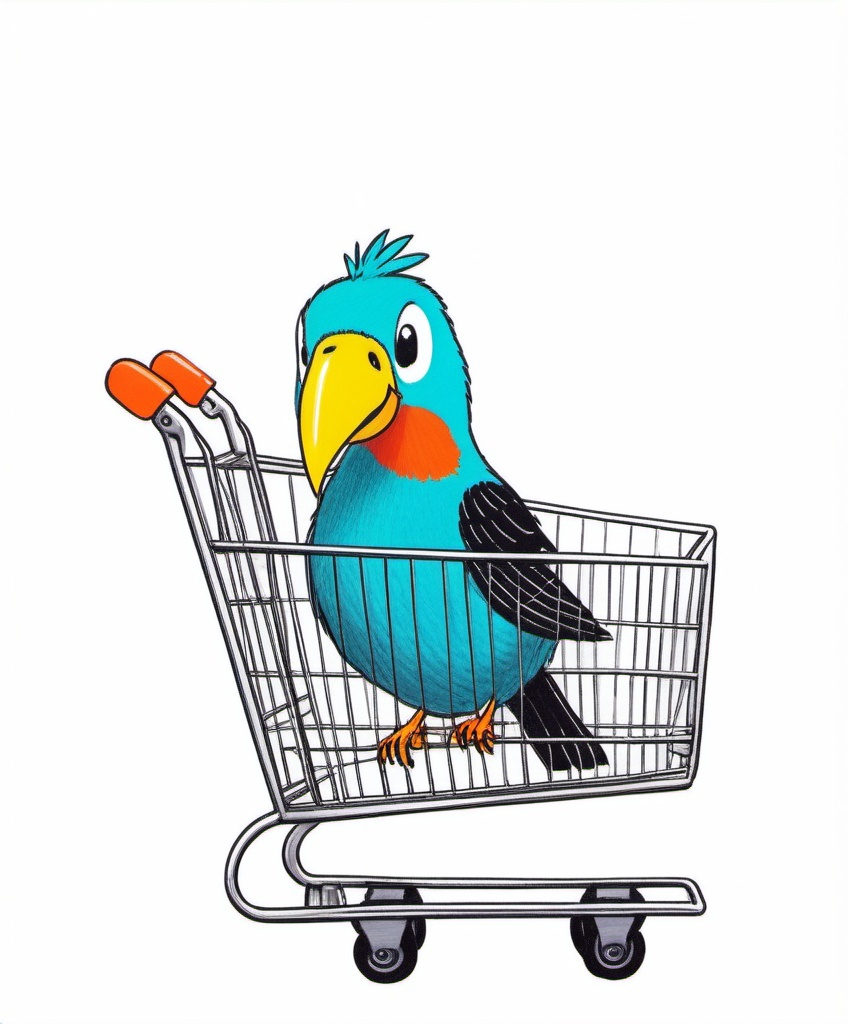 Prompt: a silly childish drawing of a bird with such a big head and overbite beak that it has to push its own head around in a trolley just to maintain the weight, art print at garage sale 