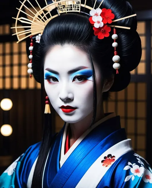 Prompt: mirror ka in the void:: blue eyed samurai geisha shogun:: techno ghost shells 