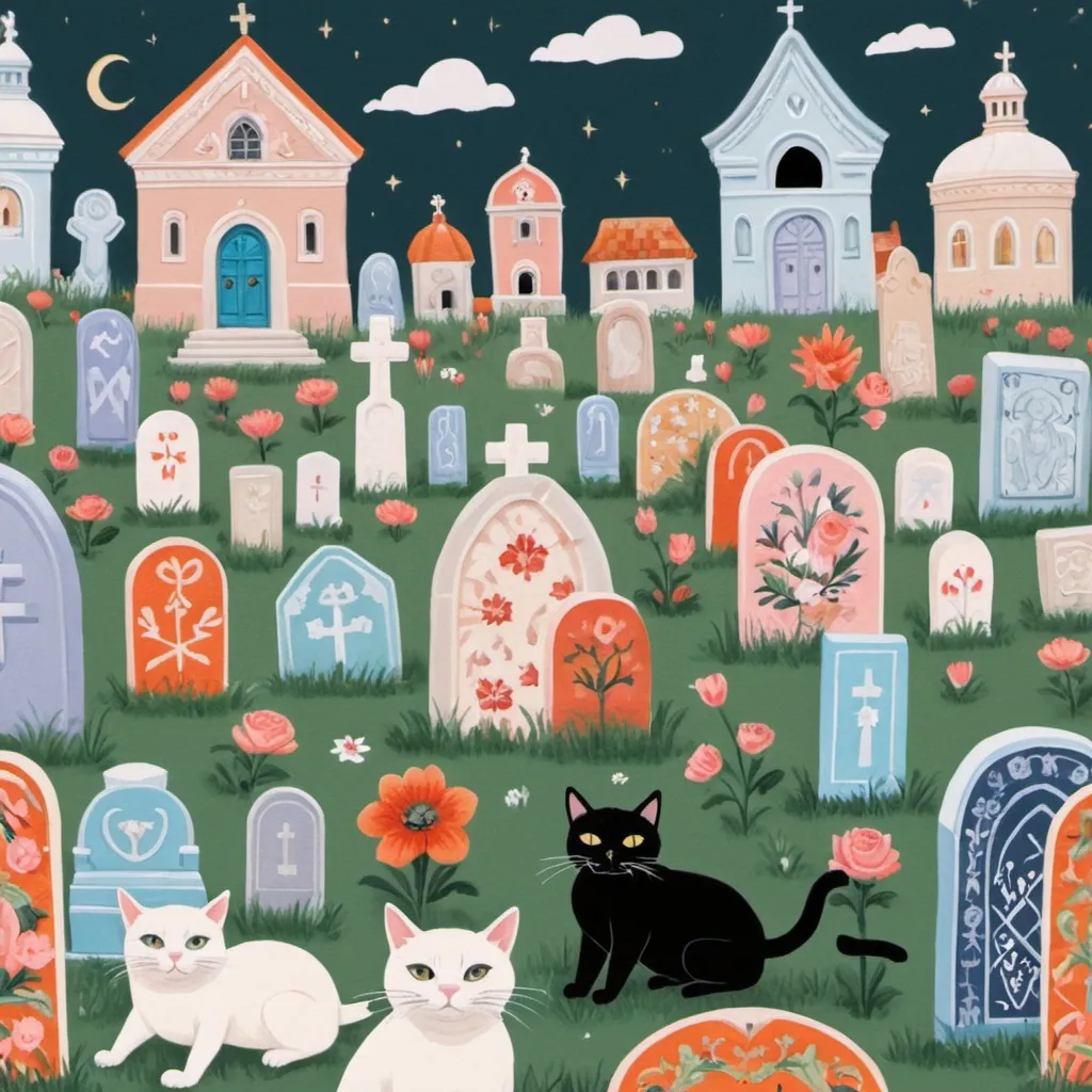 Prompt: Cemeteries gate in Bucharest with cats chasing rats among tombstones, in the style of chalcedony folk art-inspired illustrations, bold patterned quilts, pastel colours, bloomcore, mixes painting and ceramics, precise, detailed architecture paintings, cute and dreamy, illustration by Olivia Gibbs, Victoria Ball, ugly sweater patchwork