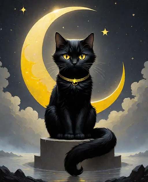 Prompt: Comic Book Art of a beautiful black and gold cat with a perfect tail sitting on a bright yellow crescent moon, with the black cat serving as the central focus of the composition. The cat is depicted in a whimsical manner by Anselm Kiefer and Jeremy Mann and Joshua Middleton and anton semenov, Rothko style, Design and composition by Rebecca Millen
