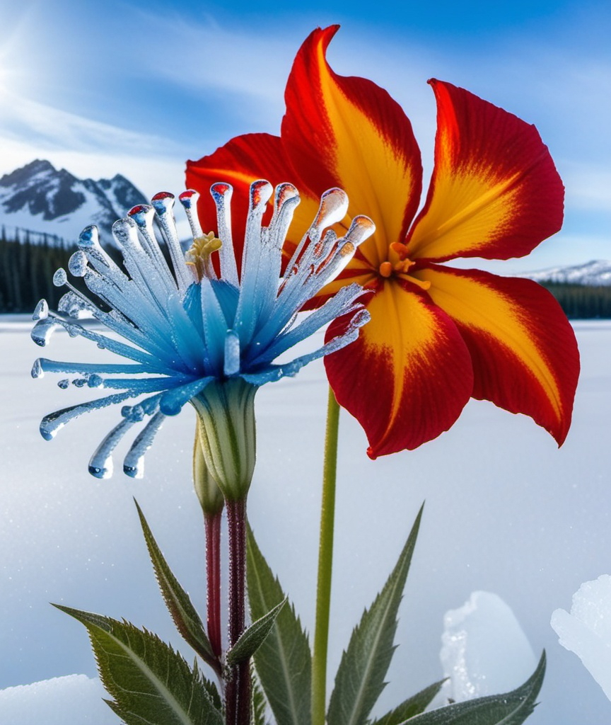 Prompt: hot vs cold, flower with a fire stem, ice petals 