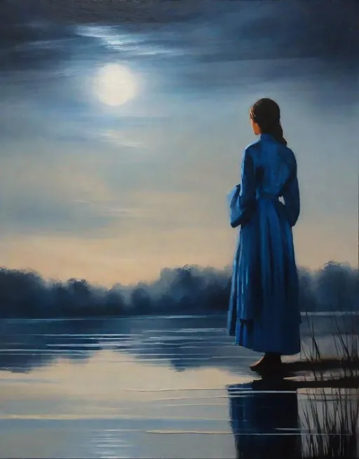 Prompt: impressionism hyperrealism painting. In the ethereal realm of indigo brushstrokes, a melancholic figure contemplates solitude by a moonlit lake. The rippling water mirrors the profound reflection of the soul, while the indigo sky weeps with muted hues. An impressionist ode to solitude and introspection, painted on canvas with oils, capturing the essence of poignant serenity. 