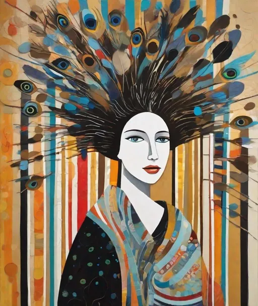 Prompt: Naive art, Style By Beatriz Milhazes, Ann Telnaes, Julie Arkell, Sam Toft, Dina Wakley, Elisabeth Fredriksson, impasto brushstrokes texture, a whimsical young woman with surreal swirly hair with wild curls made of stripes, and peacock feathers in a palette of black, white, and shades of brown. She is wearing large round sunglasses, and red lipstick, and has a porcelain complexion. The woman is holding a small espresso cup with steam rising delicately from it. On her shoulder rests a vibrant green bird with a blue head, adding a pop of color to the scene. Her attire features a black and white polka-dot dress, and the background is composed of soft blue and white horizontal stripes.