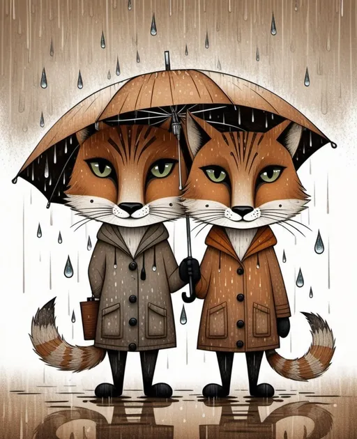 Prompt: A captivating full body caricature of a couple lynxes under the umbrella, rain drops, reimagined in the style of jon Klassen, Sam Toft, modern sketches and dynamic linework characteristic, brown texture 