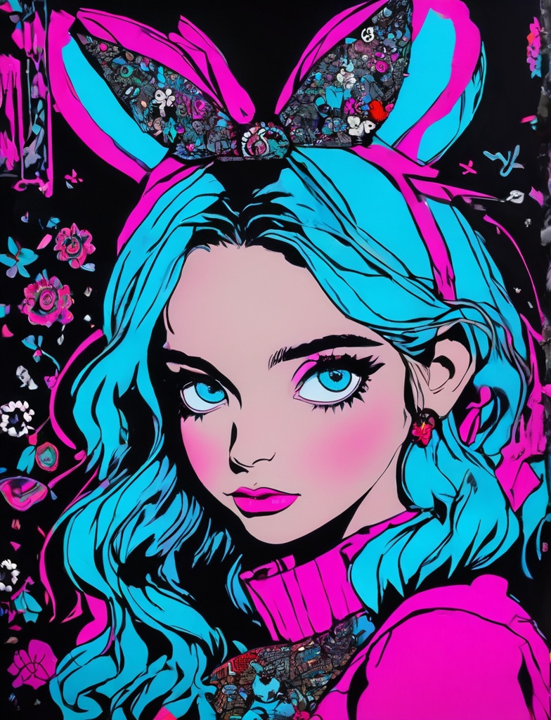 Prompt: Alice in Wonderland, blue neon eyes, neon pink, black background, creative, expressive, unique, high-quality, Canon EOS 5D Mark IV DSLR, 185mm lens f/8 aperture, 1/125 second shutter speed, ISO 100, Adobe Photoshop