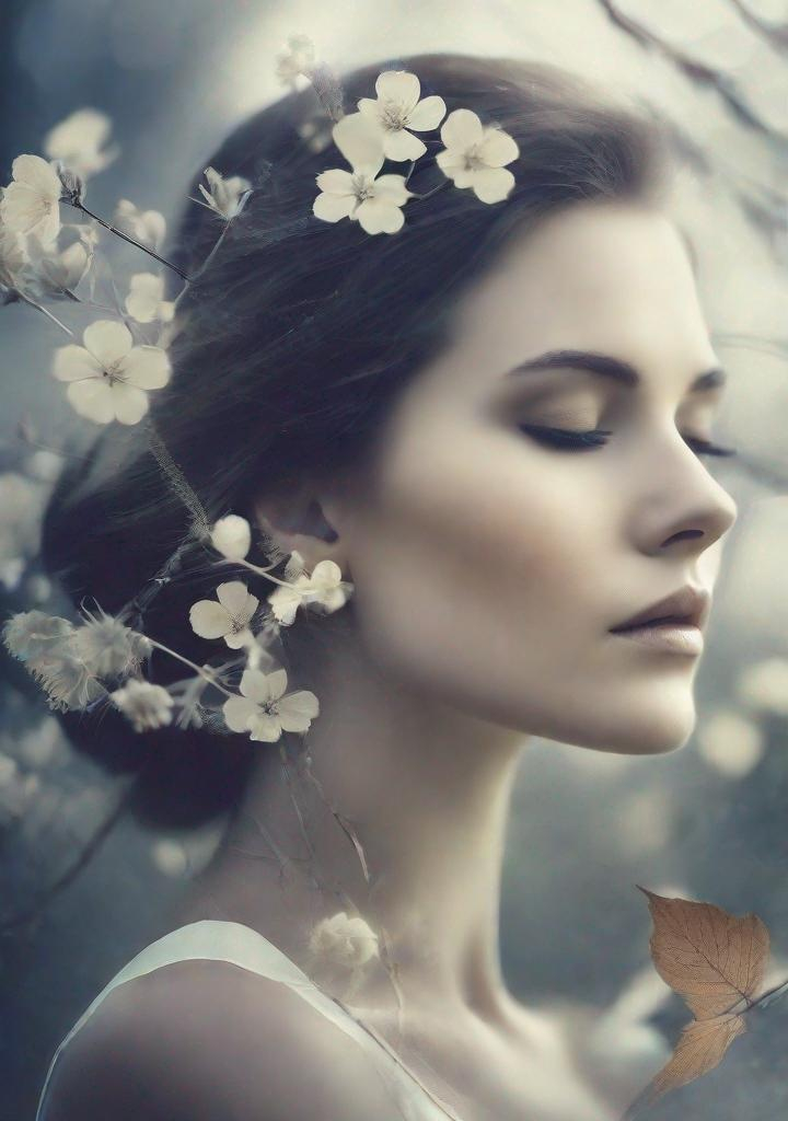 Prompt: Single image, double body exposure: The Very Beautiful dreamy lady, with beautiful face, her body is an eerie landscape, a mountain with autumn flowers art by Anka Zhuravleva, Antonio mora, Sandy Welch, Jane Small, Aliza Razell, Eduard Veith, Joel Robison, Mikhail Vrubel, Ferdinand Hodler, Christoffer Relander, William Timlin, Charles Rennie Mackintosh, John Lowrie Morrison, Sidney Nolan. 3d, Volumetric lighting, mixed media, Best quality, crisp quality, optical illusion.