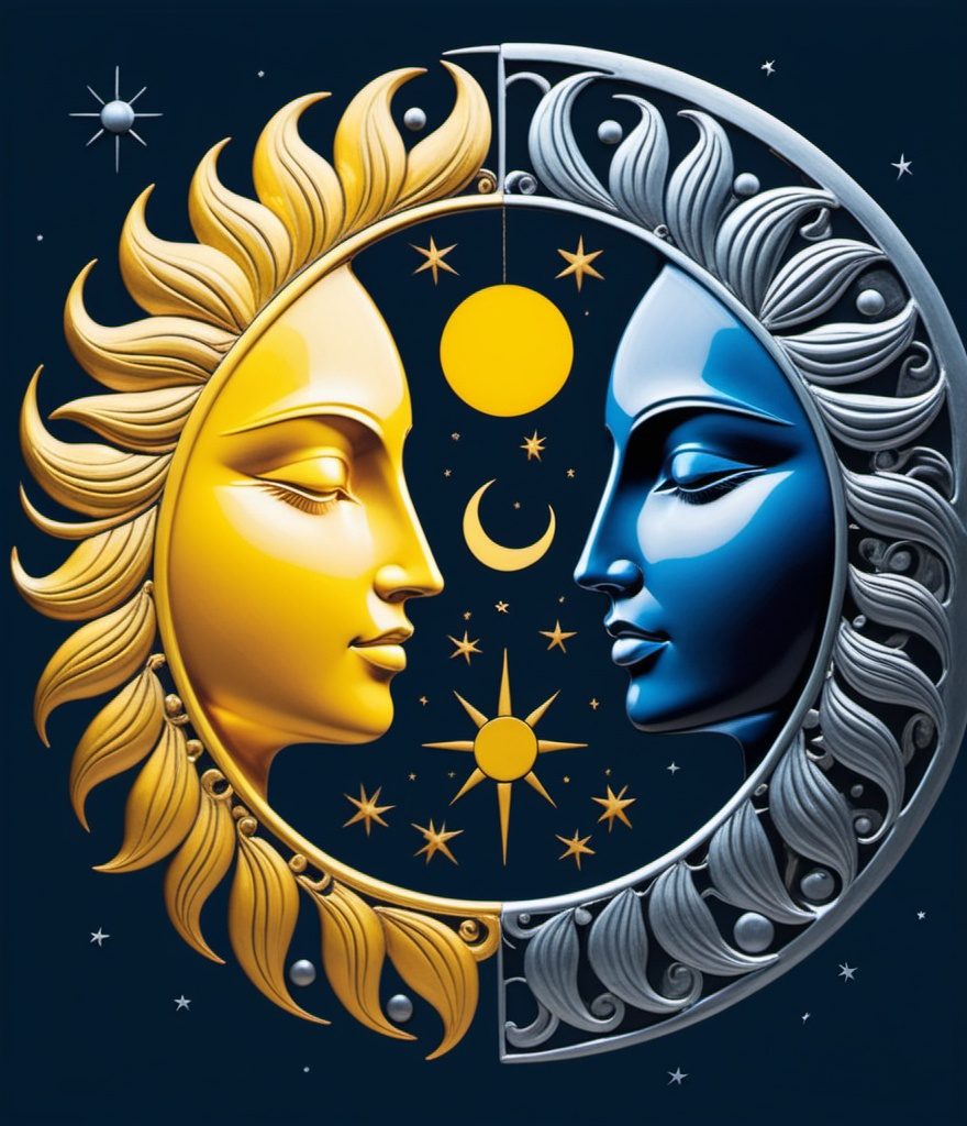 Prompt: Sun & Moon goddesses, hot vs cold, Danish design, simple lines, yellow sun, blue moon 