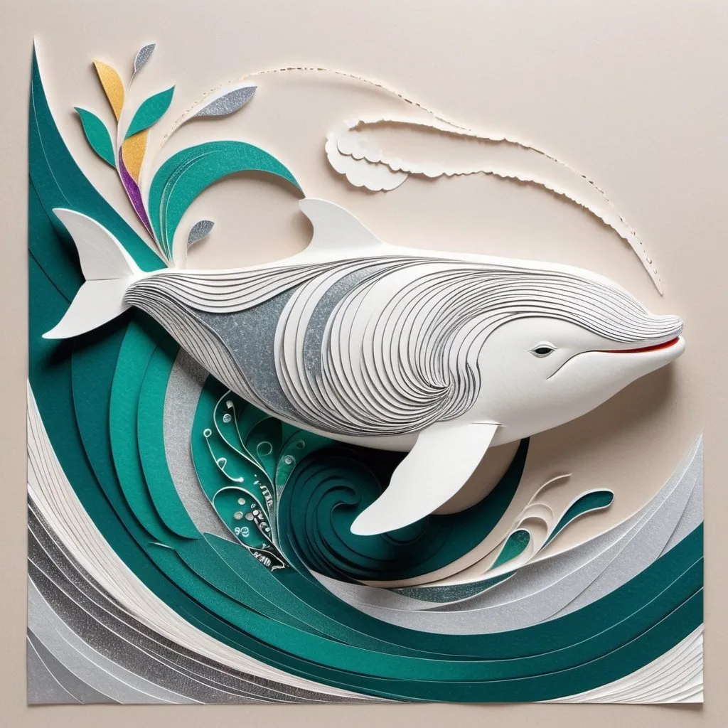 Prompt: a beluga whale, designed with papers and hand-drawing floating around, forming a upward wave, organic biomorphic forms, figura serpentinata, mardi gras, gond art, colorful design, grainy paper texture, vintage texture, almost 2d, silver white patina background, bright and fun tone
