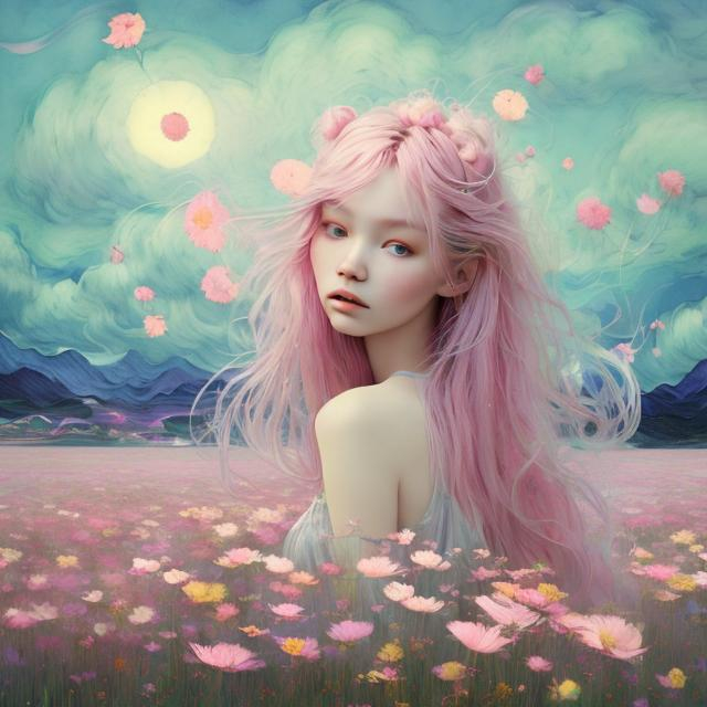 Prompt: A very pretty dreamy girl, beautiful face, long floating platinum silver and pink hair in a field of flowers art by Lin Fengmian, Anna dittmann, Justin Gaffrey, John Lowrie Morrison, Patty Maher, John Ruskin, Chris Friel, van Gogh, Valerie Hegarty, endre penovac. 3d, soft colors watercolors and ink, beautiful, fantastic view, extremely detailed, intricate, best quality, highest definition