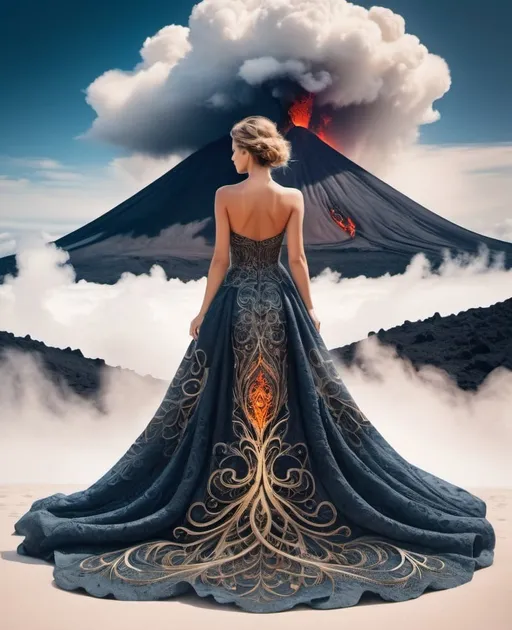 Prompt: Double exposure of a beautiful surreal goddess, her bottom dress is made of molten filigree lava, background cloud impasto volcano 