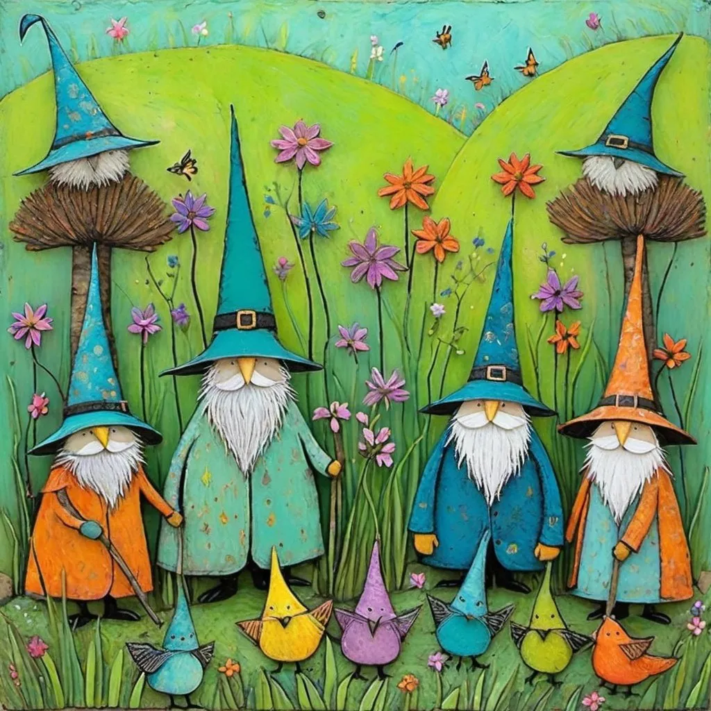 Prompt: Sam Toft style art pile of too many wizards cute creatures in a whimsical spring garden, craquelure, tempera, guache impasto encaustic texture