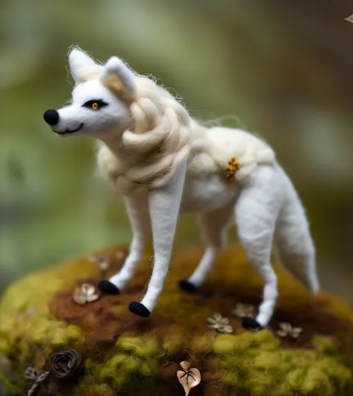 Prompt: untopian alien contrail fauna and flora, needle felted white fighting Wolf,surreal shading