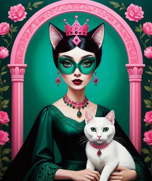 Prompt: the princess of the court is on a cat vampire, in the style of vibrant pop surrealism, aykut aydogdu, dark emerald and pink, mexican folklore-inspired, kitsch aesthetic, catherine nolin 