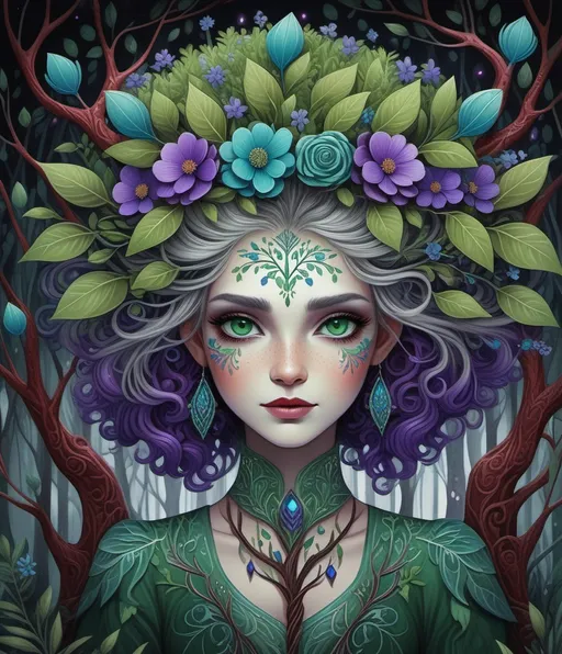 Prompt: anthropomorphic green tree girl, with blue and purple flowers, wild red branches hair, grey eyes concept art by Daron Nefcy , Millie Marotta, Jackie Morris, Javier Mariscal, Kelly McKernan, Jane Newland, whimsical forest, magical night, surreal dreamlike portrait, fantasy, imaginative, beautiful, colorful, extremely detailed, intricate, lovely, award winning fantastic