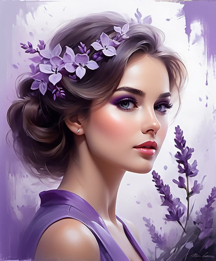 Prompt: The pretty lady, quintessence of art, a lilac dream haze, misty fog, lavender lights shadow, profile, speed painting.