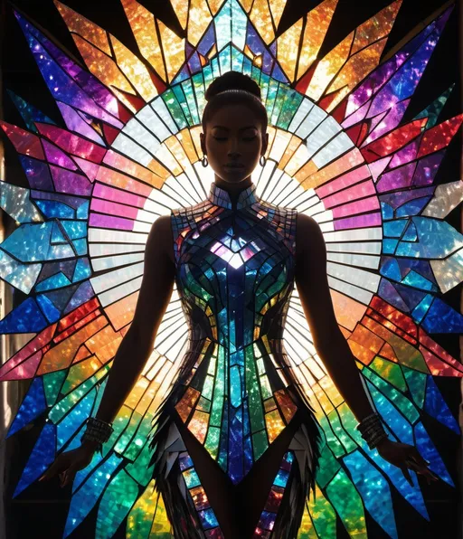 Prompt: A majestic lady, her form ingeniously crafted from a myriad of shattered CDs, standing amidst a garage sale in a prism-punk utopia. This ethereal figure, a mosaic of reflective fragments, exudes an aura of serene omnipotence. The CDs, once symbols of a technological past, now repurposed, give her a radiant, holographic appearance. The surrounding environment is a fusion of vivid colors and geometric shapes, embodying the quintessence of prism-punk aesthetics. Imagine a time-lapse effect at play, where the world around her moves in accelerated motion: people perusing into swift, fluid movements while she remains a tranquil, unchanging beacon amidst the hustle. Sunlight catches on her fragmented form, casting kaleidoscopic patterns that dance across the utopian landscape. This scene encapsulates ultimate serenity within a dynamic, ever-changing world, symbolizing the timeless grace amidst the relentless passage of time. 