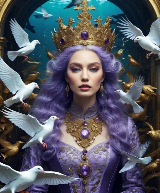 Prompt: She is underwater, fashion 🦀 flood water in paris, cat among pigeons, 🎆 ethereal fashion holy ark of covenant discovery, gold gilded details I feel (I feel) the lavender haze creepin' up on me , shimmering, photography by annie leibovitz, Ori Gherst,Animorphia - Kerby Rosanes, James christensen , 16K HD, sharp focus, attention to details 